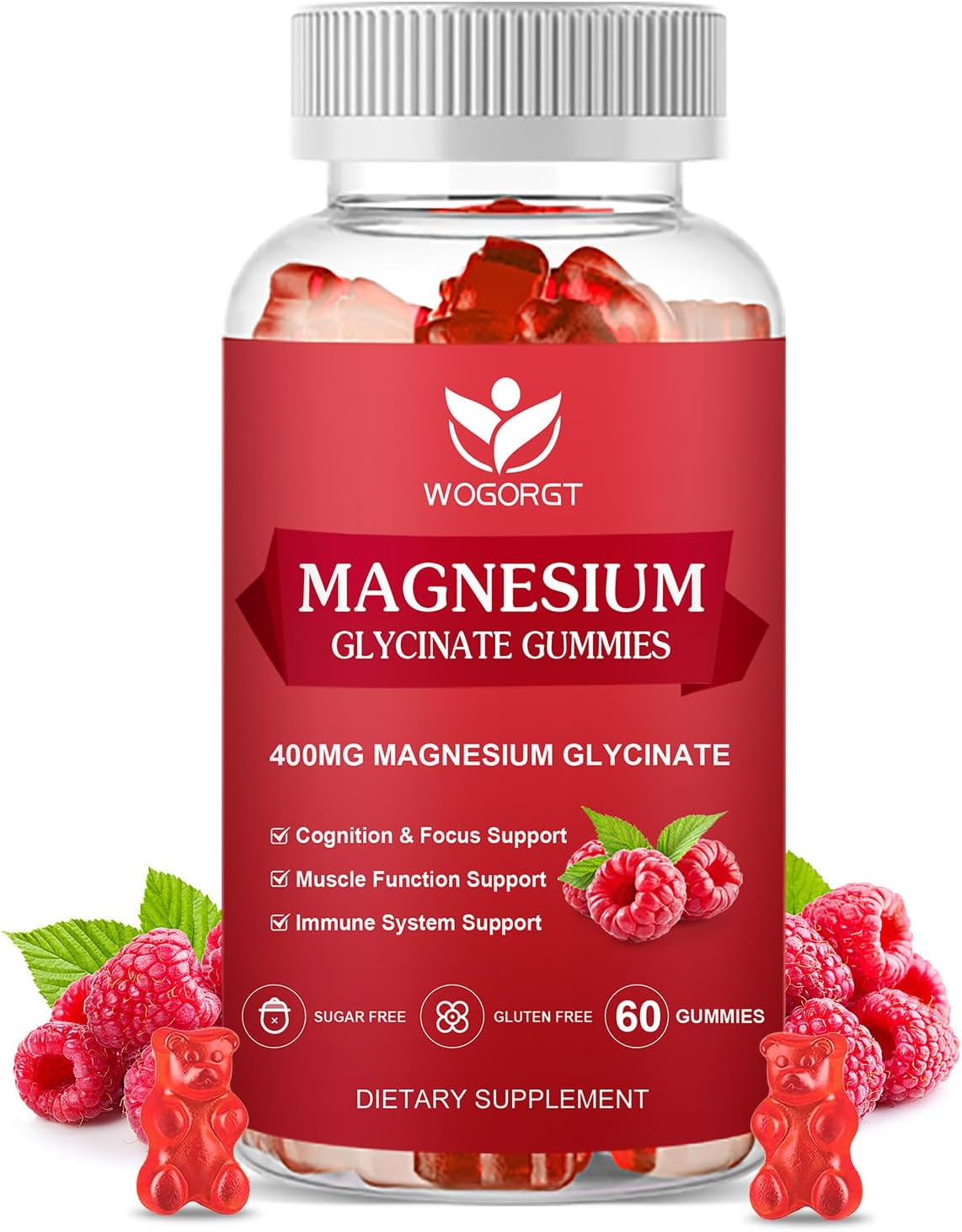 Raspberry Flavored Magnesium Gummies with Vitamin D, B6, and CoQ10 - 400mg Magnesium Glycinate with 200mg Magnesium Malate, Relaxation and Cognition Support - 60 Gummies