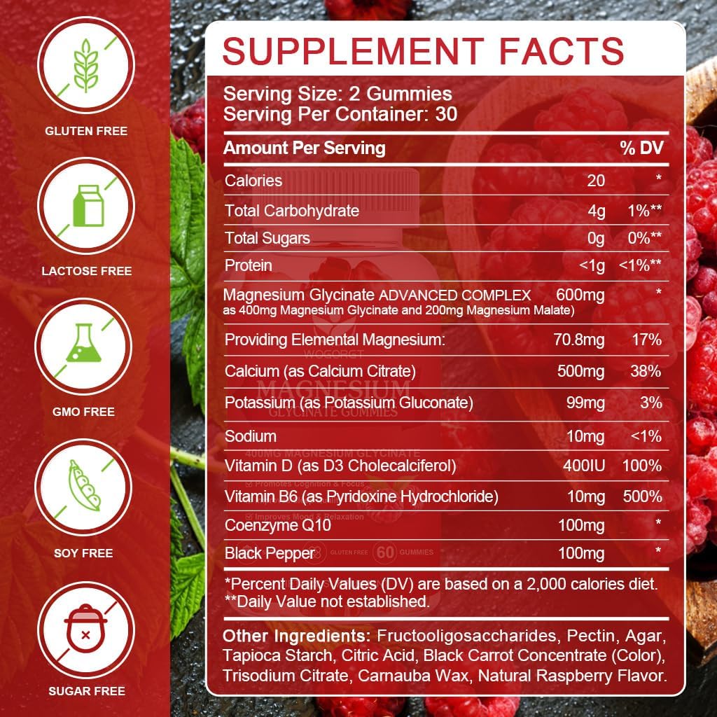 Raspberry Flavored Magnesium Gummies with Vitamin D, B6, and CoQ10 - 400mg Magnesium Glycinate with 200mg Magnesium Malate, Relaxation and Cognition Support - 60 Gummies
