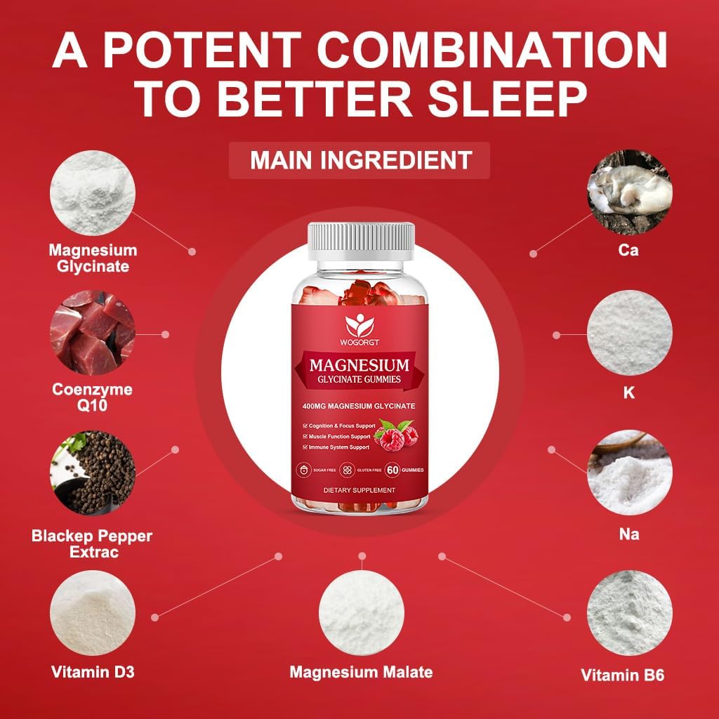 Raspberry Flavored Magnesium Gummies with Vitamin D, B6, and CoQ10 - 400mg Magnesium Glycinate with 200mg Magnesium Malate, Relaxation and Cognition Support - 60 Gummies