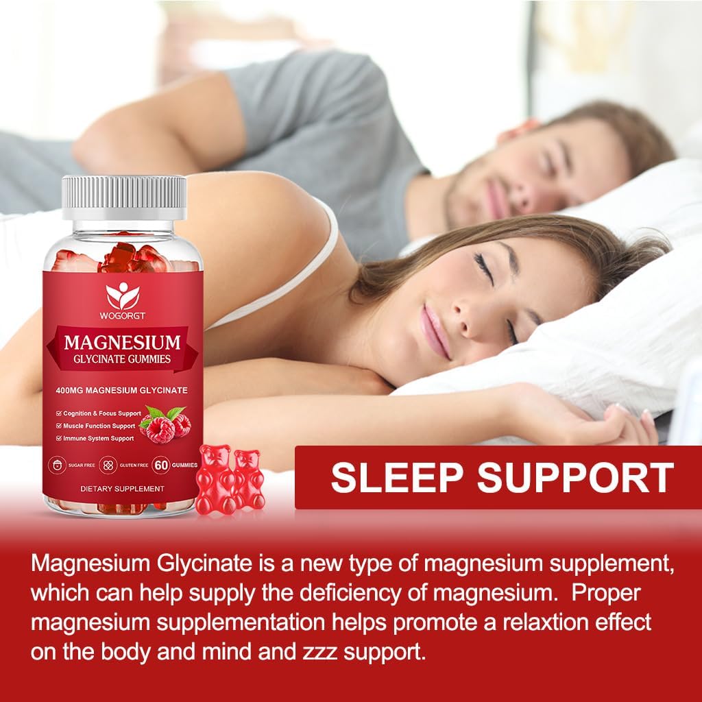 Raspberry Flavored Magnesium Gummies with Vitamin D, B6, and CoQ10 - 400mg Magnesium Glycinate with 200mg Magnesium Malate, Relaxation and Cognition Support - 60 Gummies