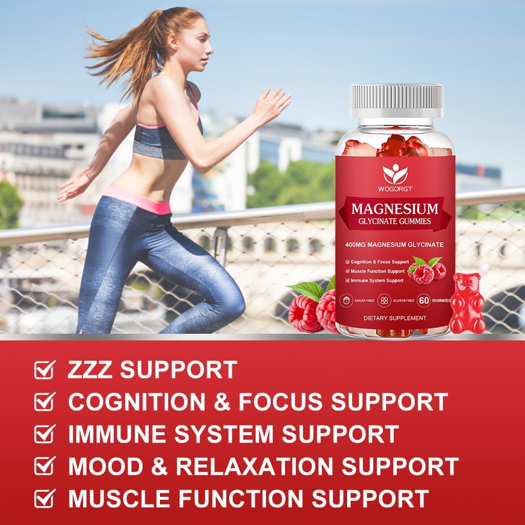 Raspberry Flavored Magnesium Gummies with Vitamin D, B6, and CoQ10 - 400mg Magnesium Glycinate with 200mg Magnesium Malate, Relaxation and Cognition Support - 60 Gummies