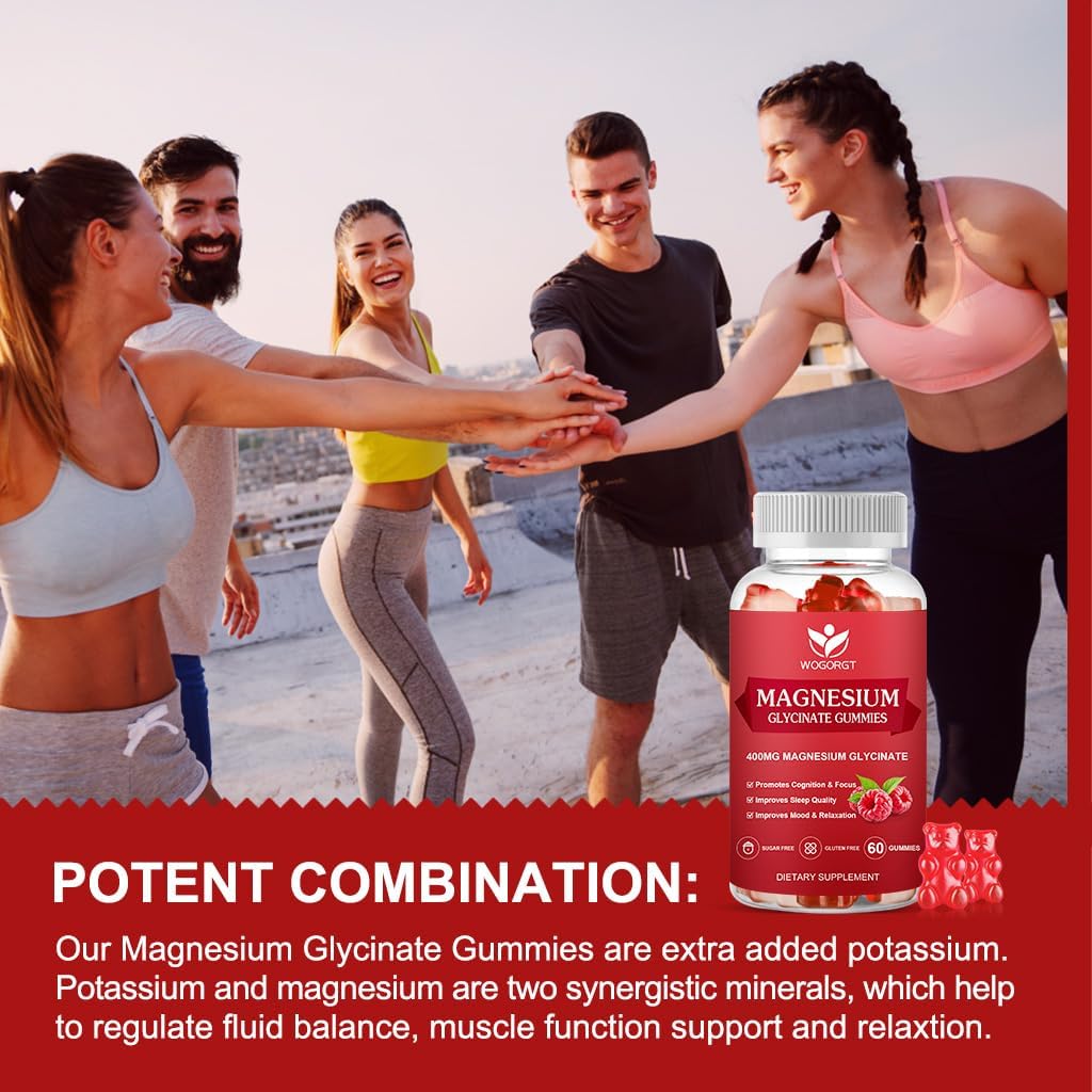 Raspberry Flavored Magnesium Gummies with Vitamin D, B6, and CoQ10 - 400mg Magnesium Glycinate with 200mg Magnesium Malate, Relaxation and Cognition Support - 60 Gummies