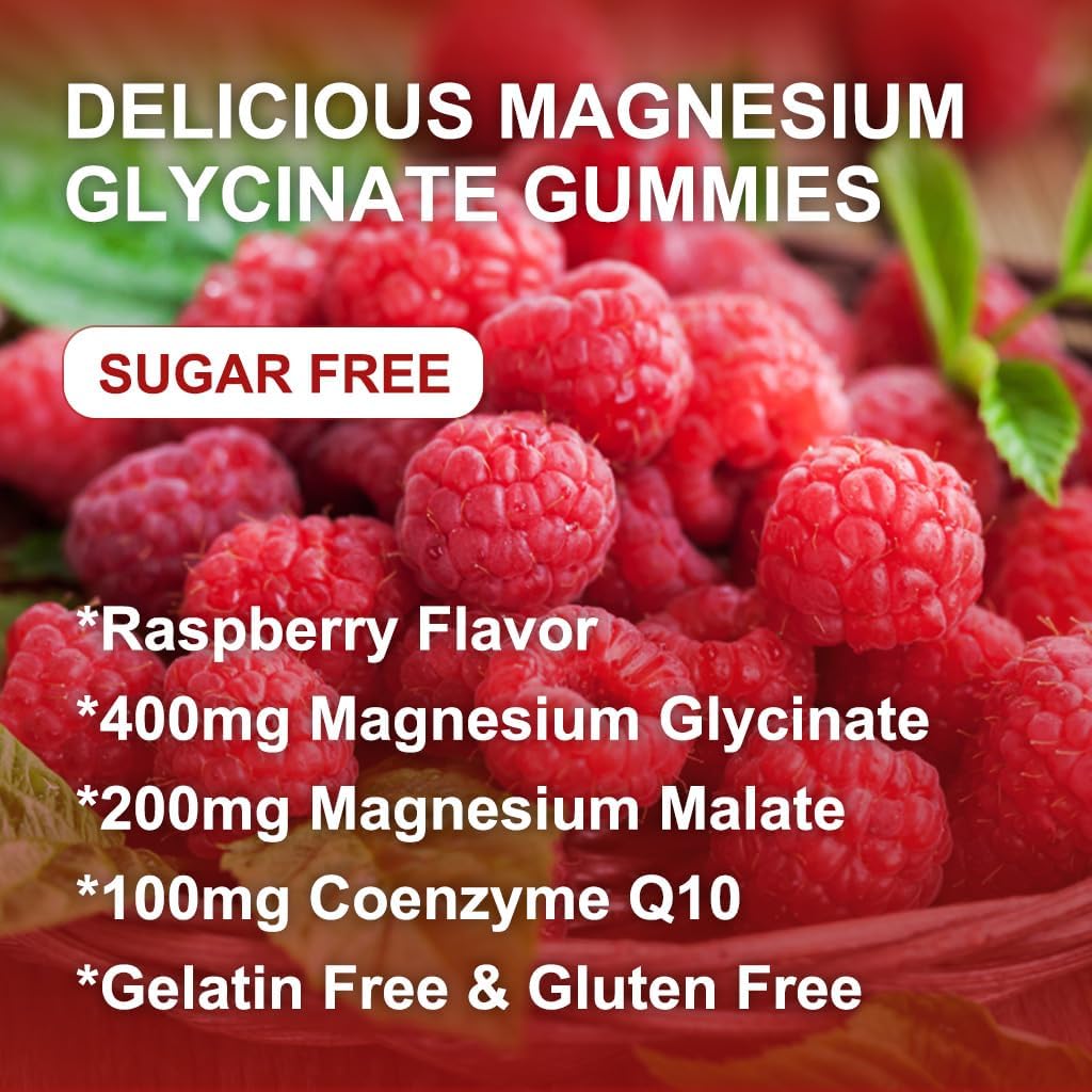 Raspberry Flavored Magnesium Gummies with Vitamin D, B6, and CoQ10 - 400mg Magnesium Glycinate with 200mg Magnesium Malate, Relaxation and Cognition Support - 60 Gummies