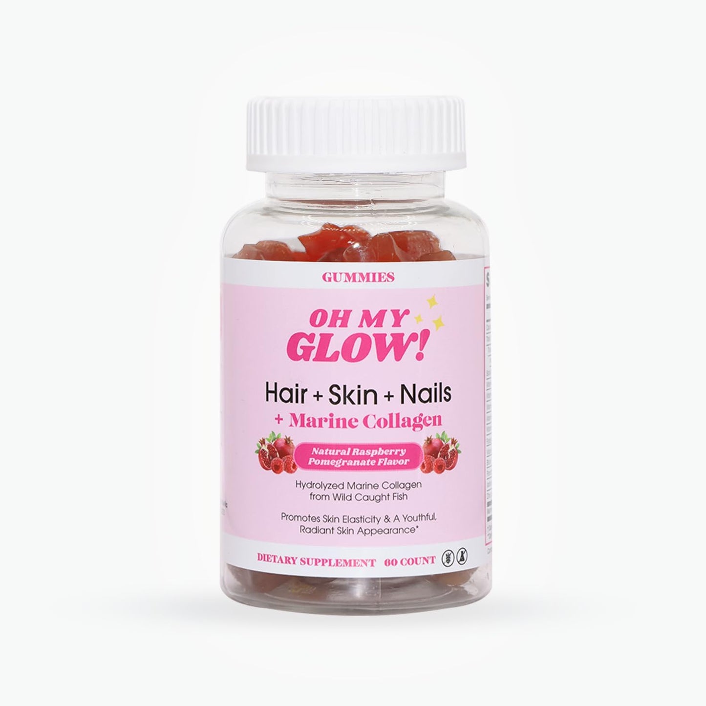 Raspberry Pomegranate Glow Gummies with Marine Collagen for Hair, Skin & Nails - Gluten-Free & Non-GMO