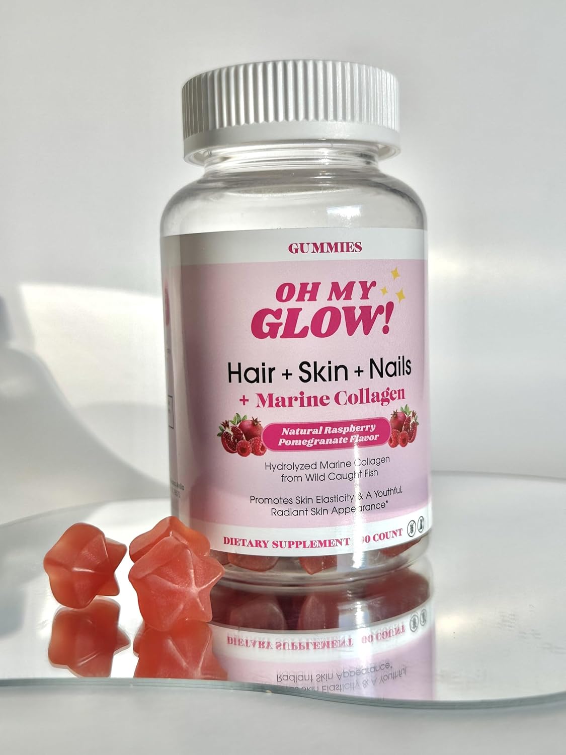 Raspberry Pomegranate Glow Gummies with Marine Collagen for Hair, Skin & Nails - Gluten-Free & Non-GMO