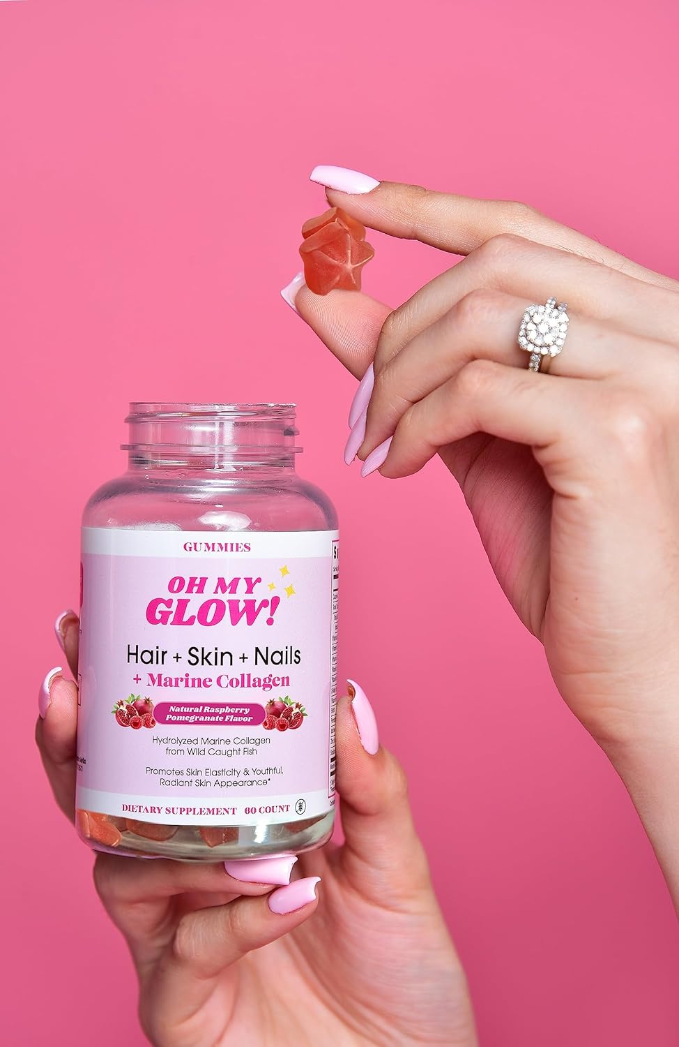 Raspberry Pomegranate Glow Gummies with Marine Collagen for Hair, Skin & Nails - Gluten-Free & Non-GMO