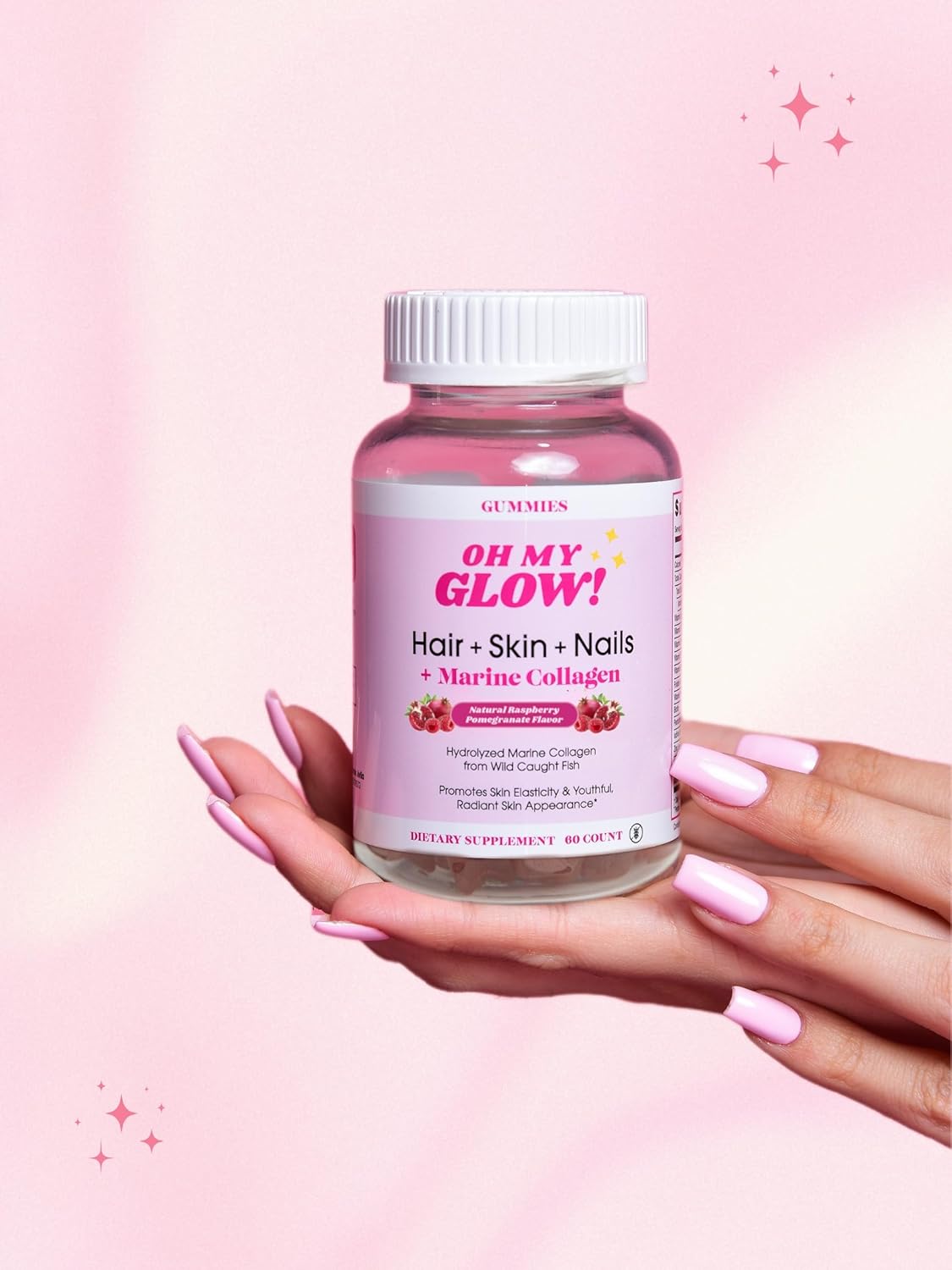 Raspberry Pomegranate Glow Gummies with Marine Collagen for Hair, Skin & Nails - Gluten-Free & Non-GMO