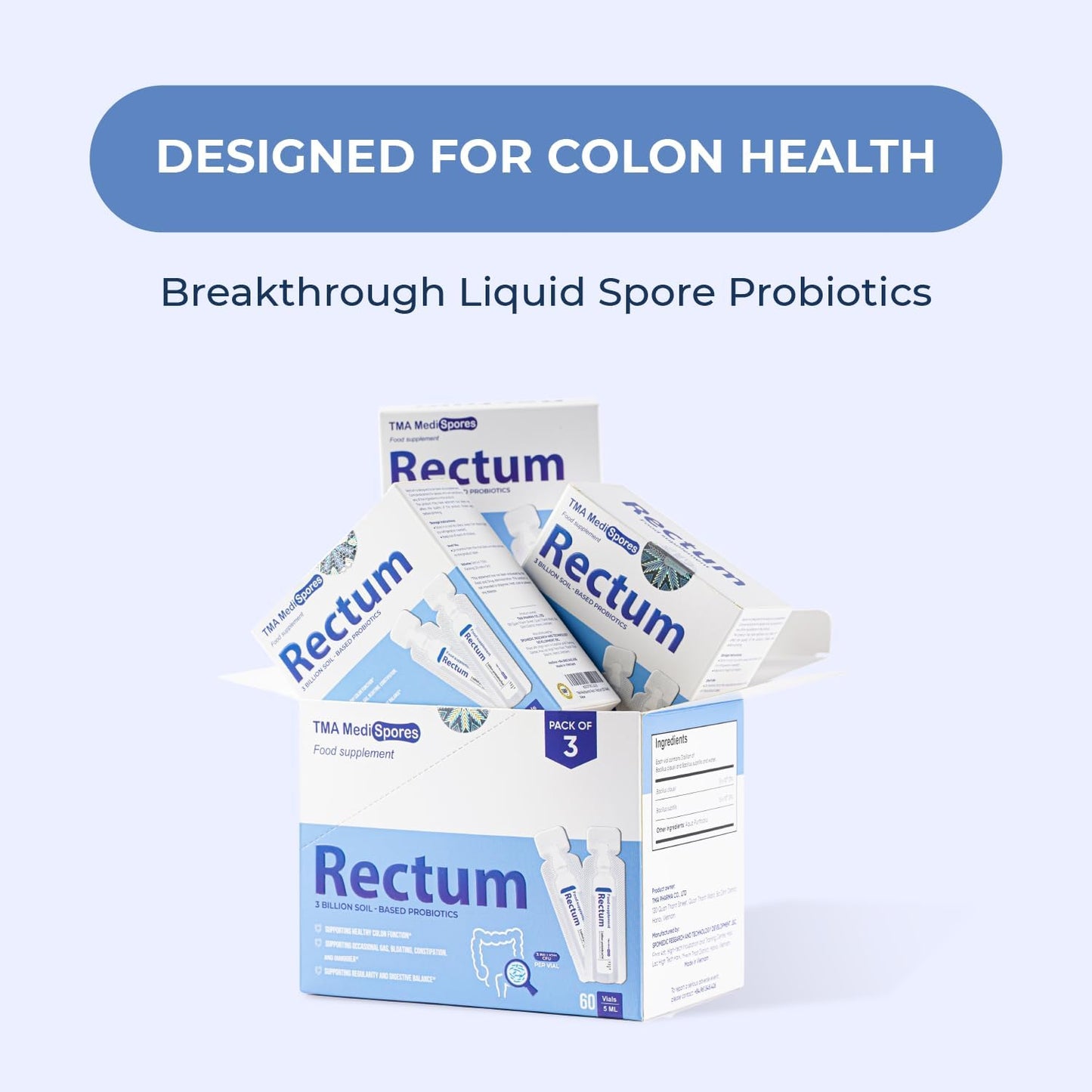 Rectum Soil-Based Probiotic Liquid for Gut Health - Stomach Relief, Bloating, Immune Support - 60 Vials, 3 Billion CFUs/vial - Daily Drink for Adults and Kids