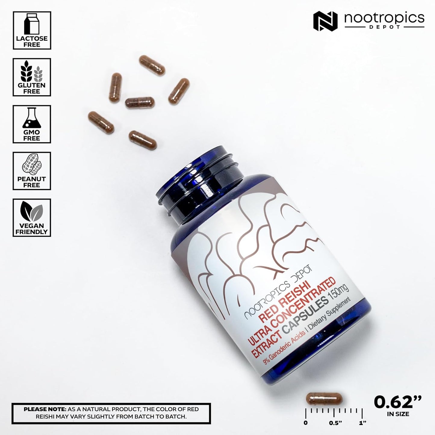 Red Reishi Mushroom Capsules with 9% Ganoderic Acids - 150mg (180 Count) by Nootropics Depot