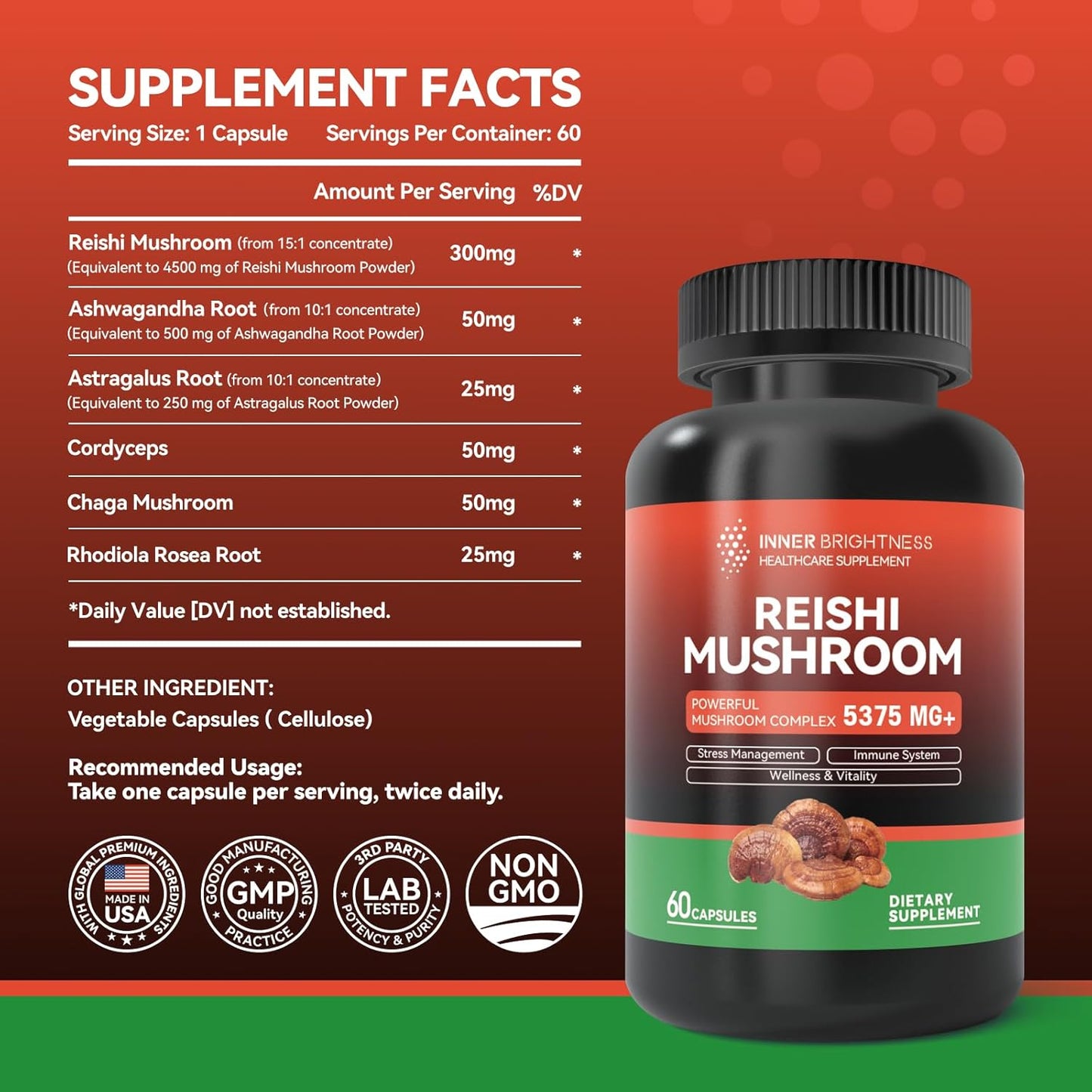 Reishi Mushroom Supplement with Cordyceps, L Theanine, Magnesium, 5-HTP & Melatonin for Sleep, Focus & Mood Support