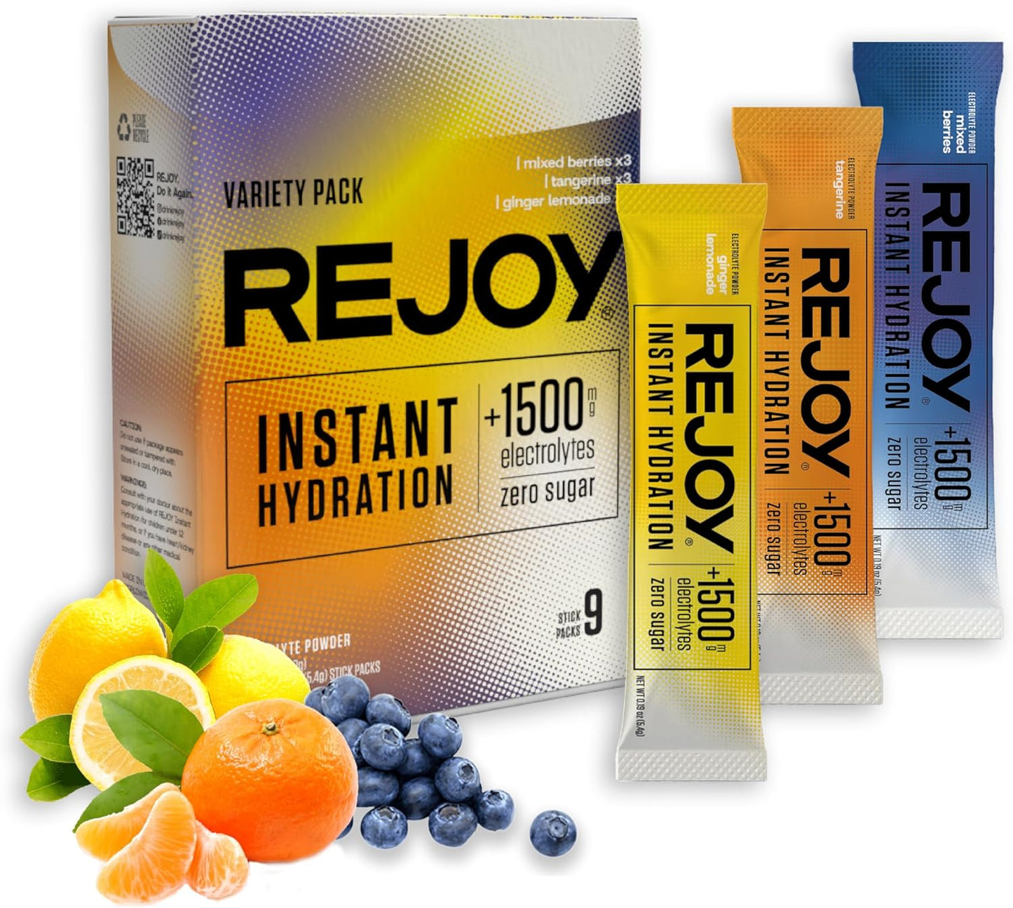 Rejoy Electrolyte Powder Packets Variety Pack - 9 Sticks, Sugar-Free Hydration Drink Mix with Easy Open Single-Serving Stick - Keto, Paleo, Vegan, Non-GMO