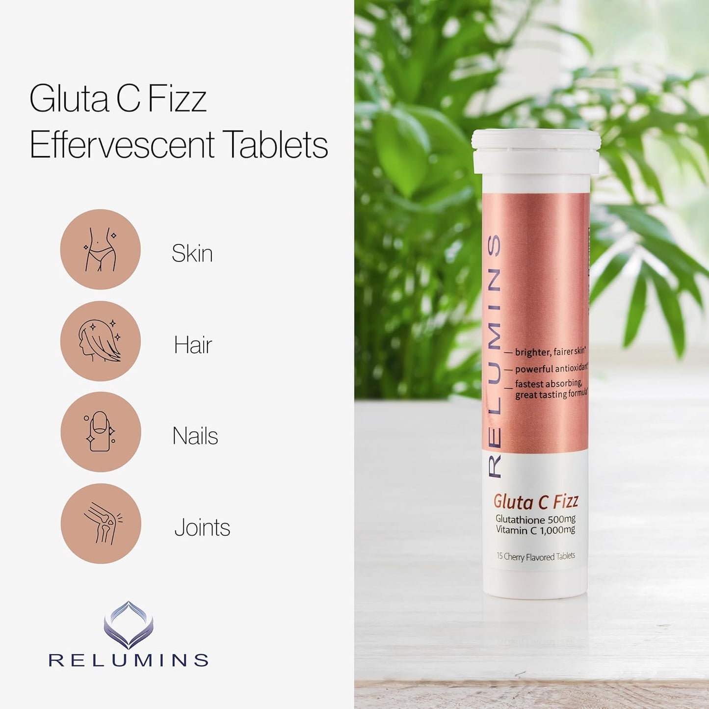 Relumins Gluta C Fizz - Cherry Effervescent Tablets for Skin Lightening and Rejuvenation - 15 Tablets