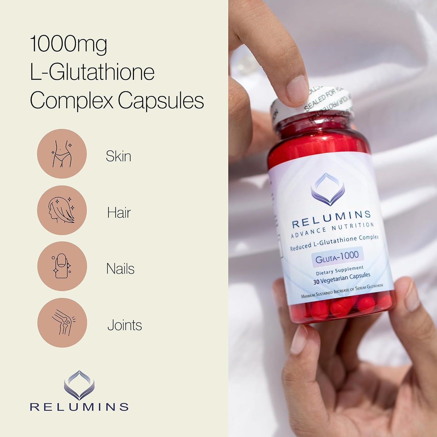 Relumins L Glutathione Supplement Complex with Alpha Lipoic Acid & Rose HIPS - 1000mg Reduced Glutathione Capsules for Brighter Skin, 90 Capsules