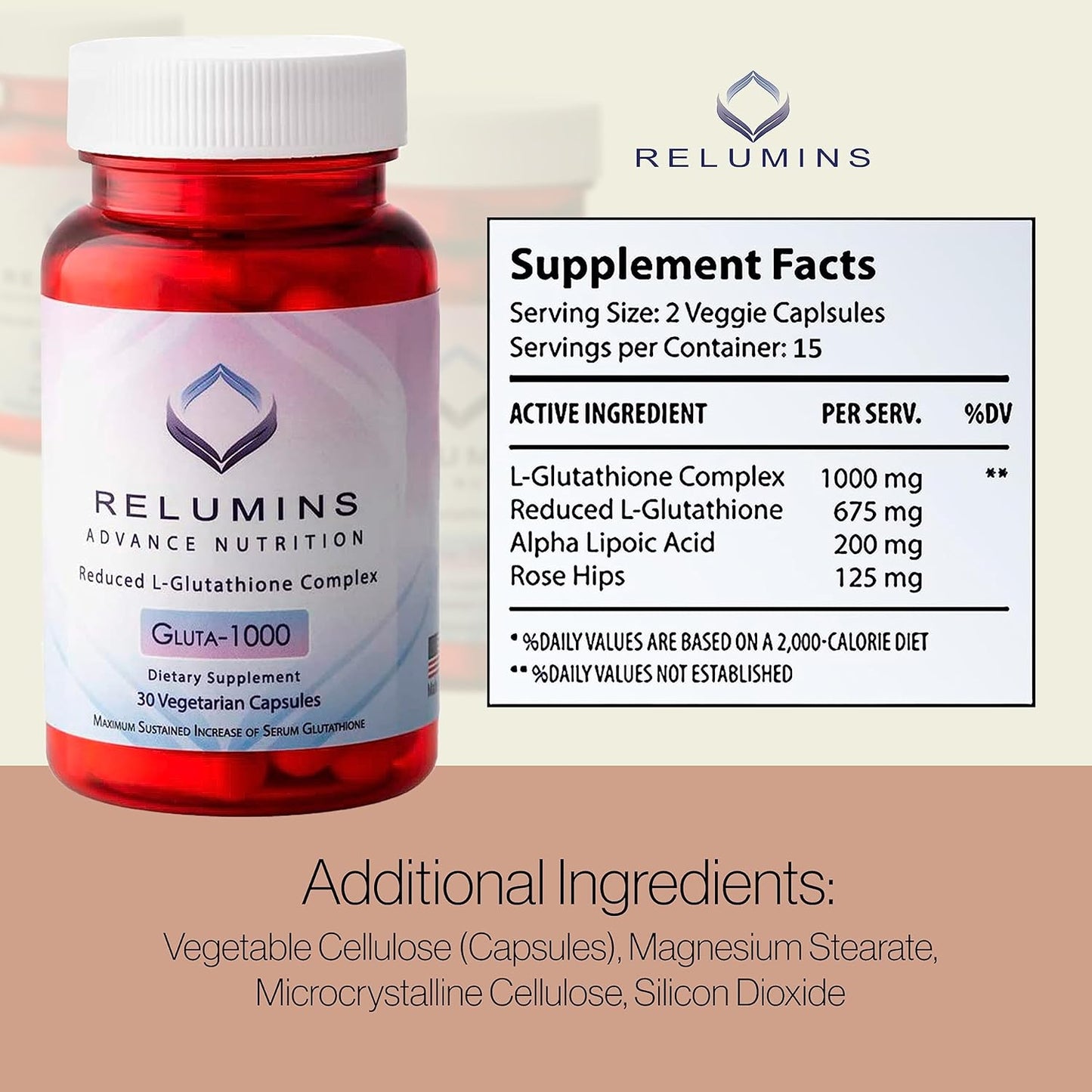 Relumins L Glutathione Supplement Complex with Alpha Lipoic Acid & Rose HIPS - 1000mg Reduced Glutathione Capsules for Brighter Skin, 90 Capsules