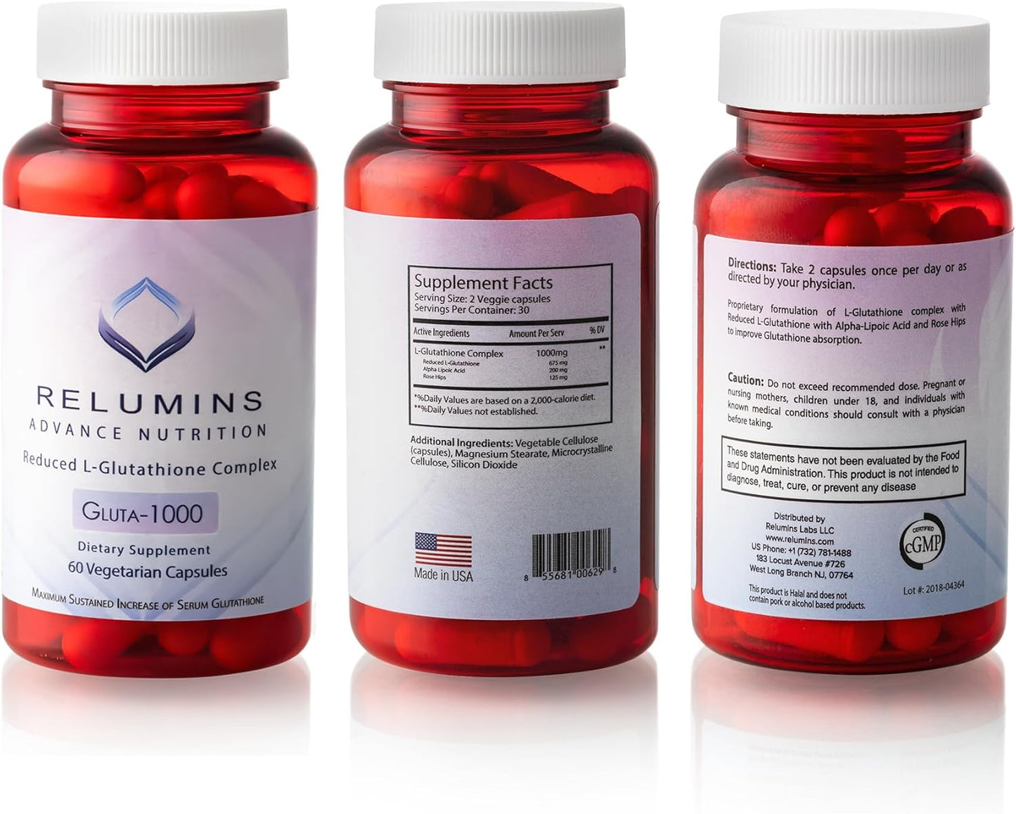 Relumins L Glutathione Supplement Complex with Alpha Lipoic Acid & Rose HIPS - 1000mg Reduced Glutathione Capsules for Brighter Skin, 90 Capsules
