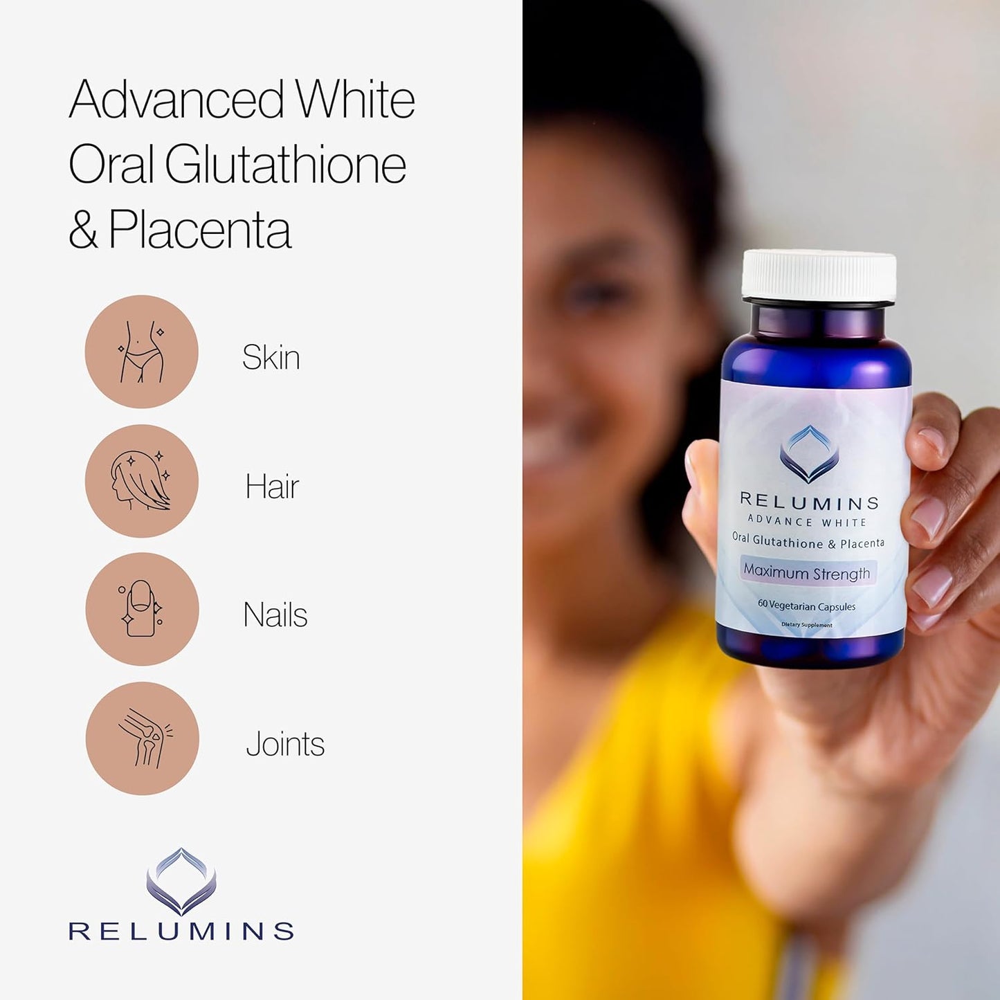 Relumins Max Strength Glutathione Capsules with Rose HIPS - 60 Capsules for Skin Brightening