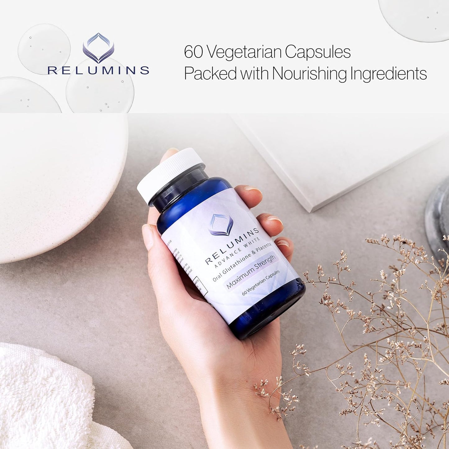Relumins Max Strength Glutathione Capsules with Rose HIPS - 60 Capsules for Skin Brightening