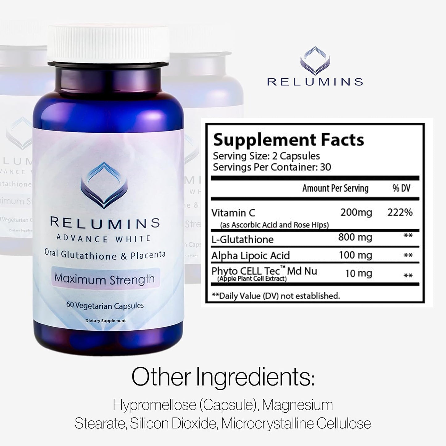 Relumins Max Strength Glutathione Capsules with Rose HIPS - 60 Capsules for Skin Brightening