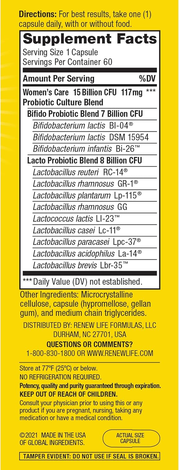 Renew Life Women's Probiotic Capsules - Supports Vaginal, Urinary, Digestive, Immune Health - L. Rhamnosus GG - 15 Billion CFU - Dairy, Soy, Gluten-Free - 60 Count