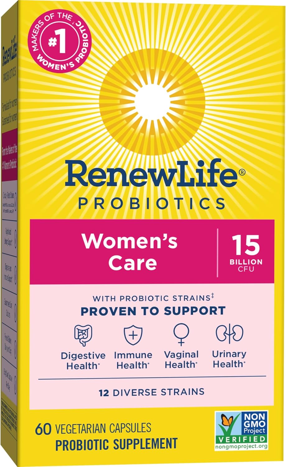 Renew Life Women's Probiotic Capsules - Supports Vaginal, Urinary, Digestive, Immune Health - L. Rhamnosus GG - 15 Billion CFU - Dairy, Soy, Gluten-Free - 60 Count