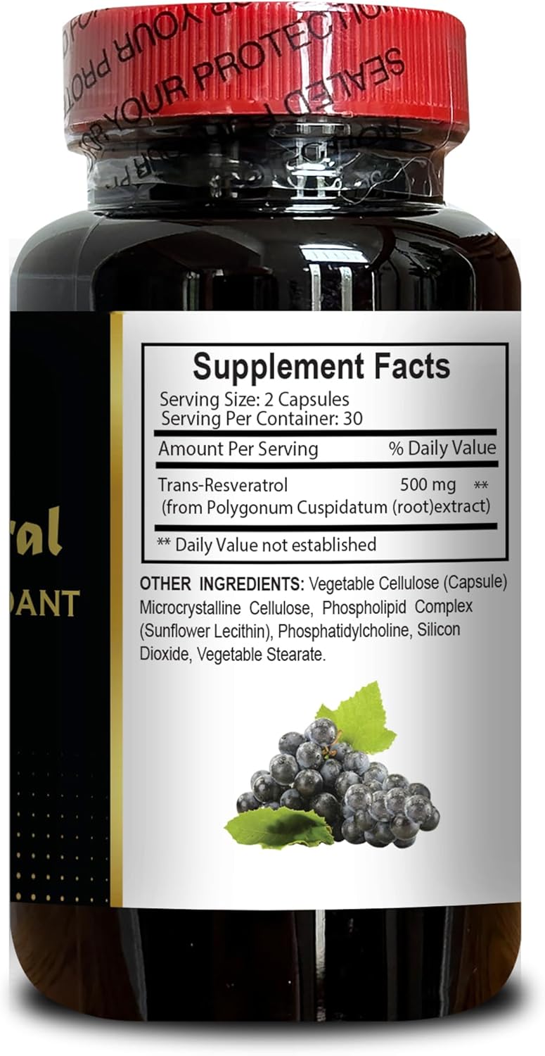 Resveratrol Extract Capsules - Immune Support with Vitamin C, Antioxidant Supplement for Children, Non-GMO Energy Pills, Anti-Aging and Immune Support - 60 Capsules