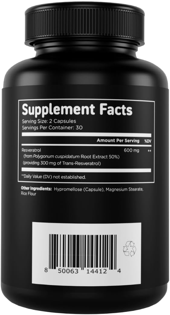 Resveratrol Supplement for Antioxidant Support, Cellular Longevity, Cognitive Function - 60 Capsules