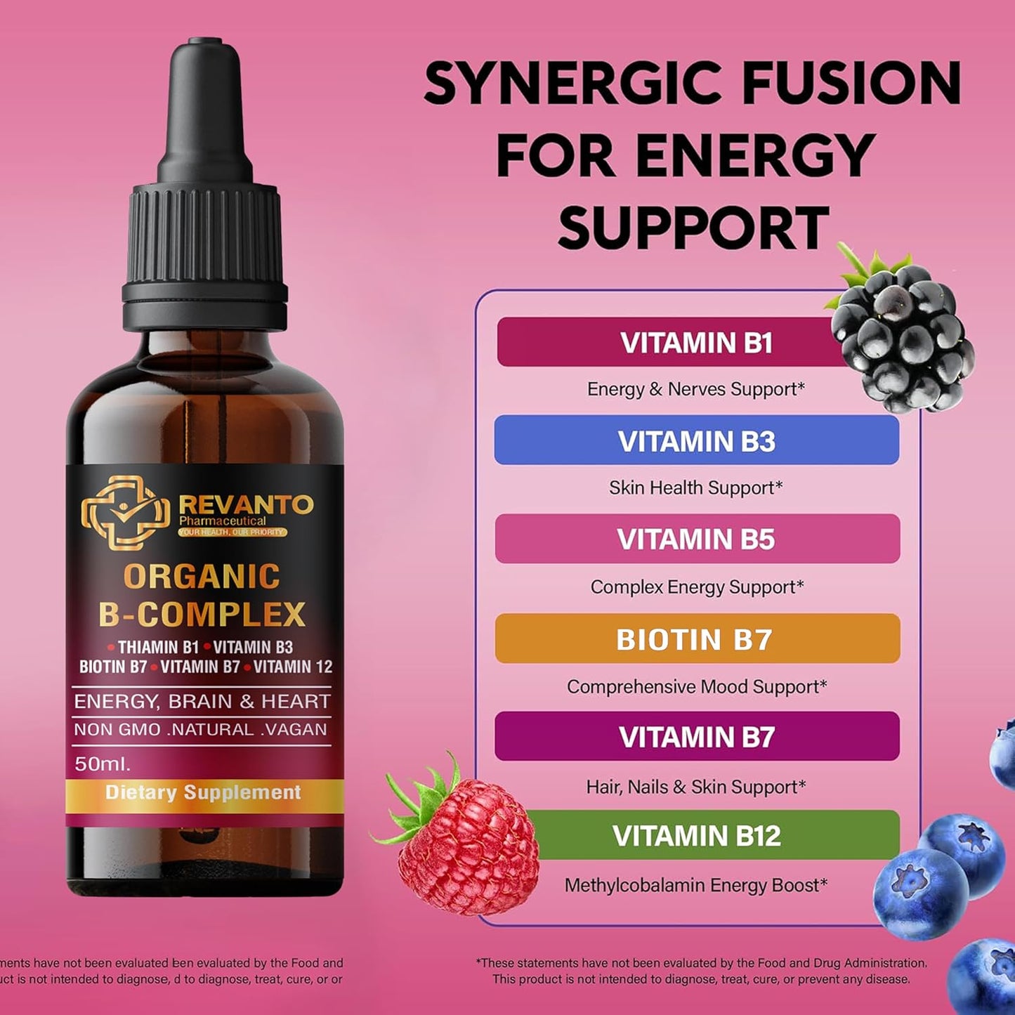 Revanto Pharmaceutical USDA Organic Vitamin B-Complex Serum with Pantothenic Acid, Methylcobalamin, Thiamine, Pyridoxine, Biotin, Folic Acid, and Niacinamide (1.7 Fl. Oz.)