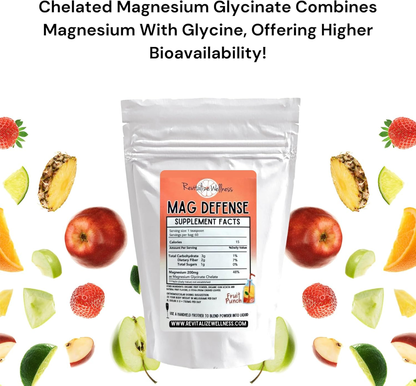 Revitalize Wellness Mag Defense | 200 mg Orthomolecular Magnesium Glycinate Chelate | Pure, Corn Free, GMO-Free | Fruit Punch Flavor, 60 Servings