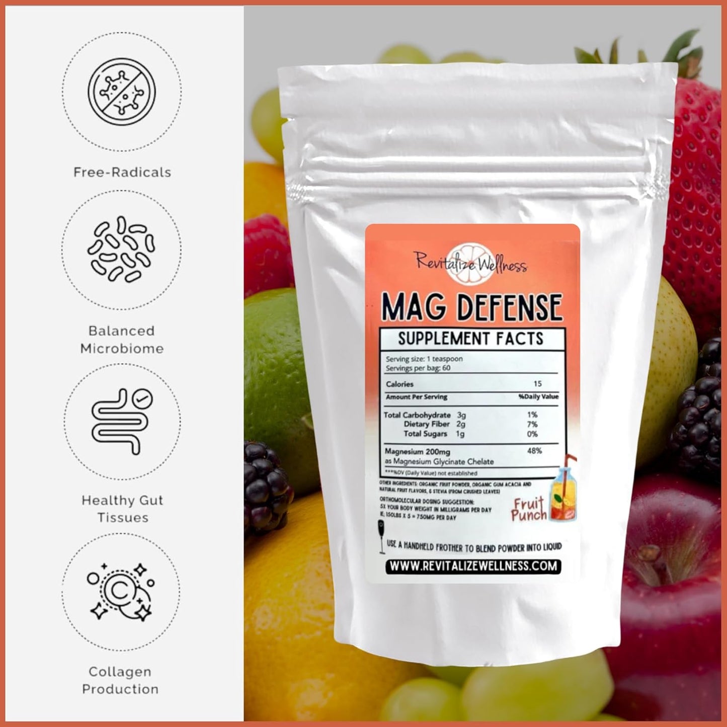 Revitalize Wellness Mag Defense | 200 mg Orthomolecular Magnesium Glycinate Chelate | Pure, Corn Free, GMO-Free | Fruit Punch Flavor, 60 Servings