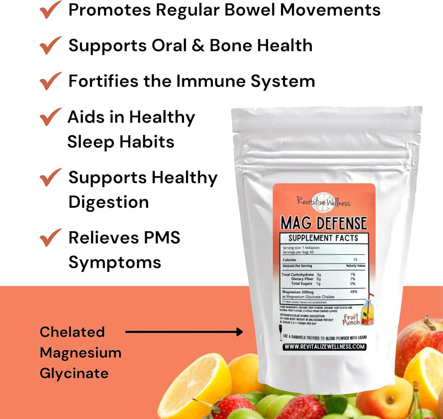 Revitalize Wellness Mag Defense | 200 mg Orthomolecular Magnesium Glycinate Chelate | Pure, Corn Free, GMO-Free | Fruit Punch Flavor, 60 Servings