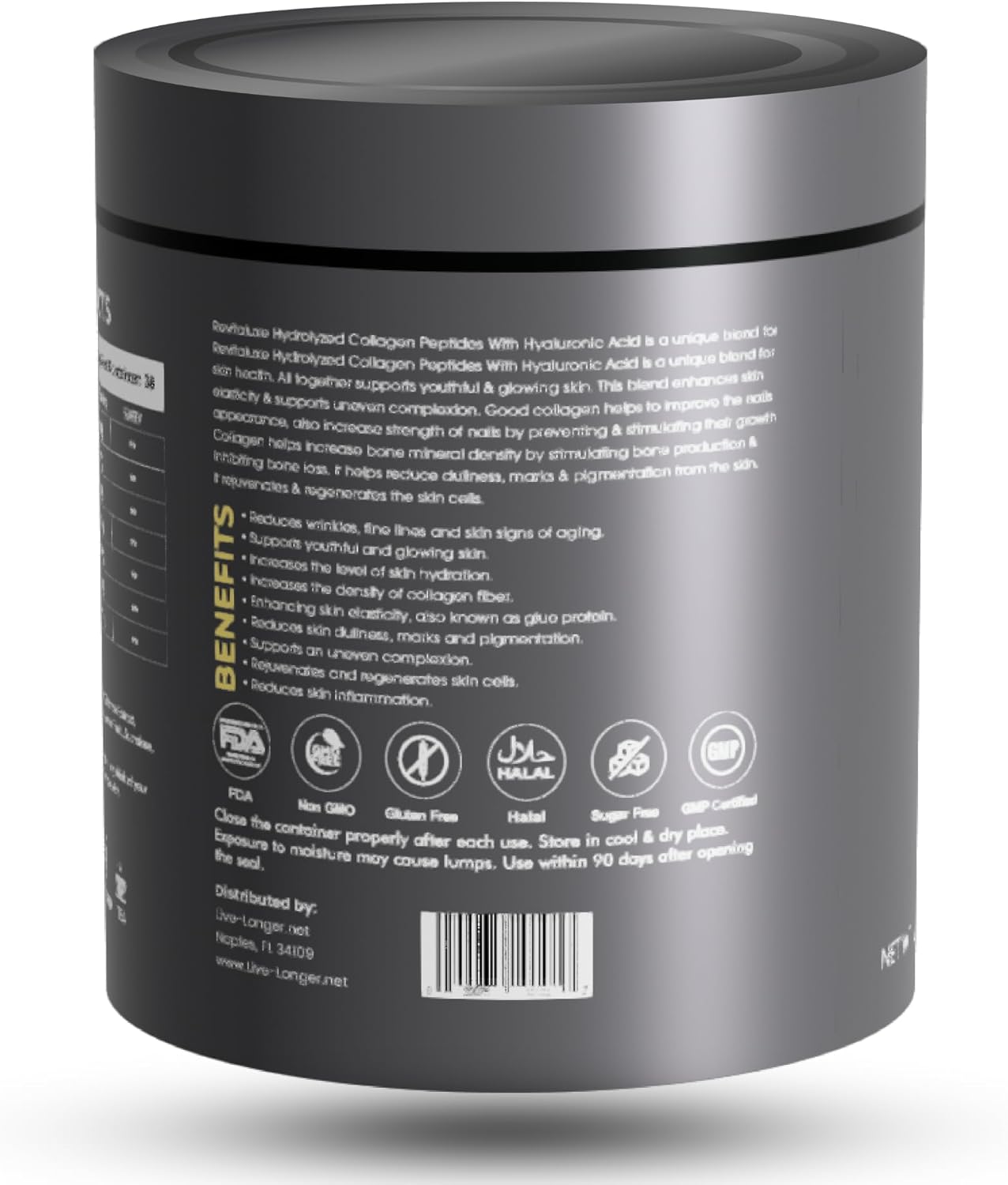 Revitaluxe Hydrolyzed Collagen Peptides with Hyaluronic Acid for Youthful Skin & Longevity from Live-Longer.net