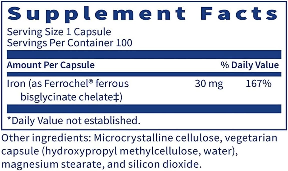 RHMD Pure Fe Iron Supplement - 30mg Ferrous Bisglycinate Chelate Capsules for Gentle Stomach Health - Hypoallergenic Formula (100 Caps)