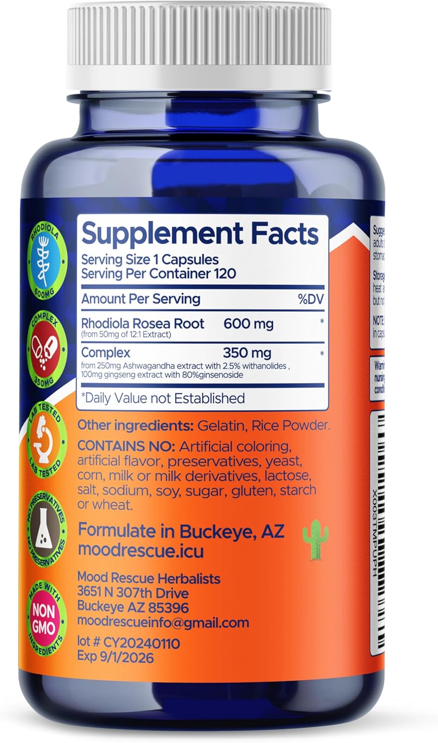 Rhodiola Rosea & Ashwagandha Capsules for Stress Relief & Stamina, 120ct with Ginseng & Ginsenoside