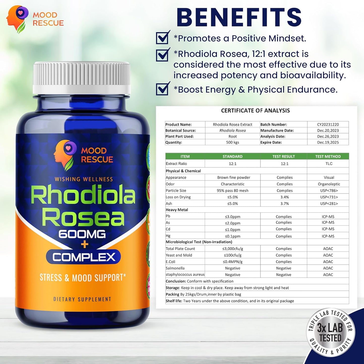 Rhodiola Rosea & Ashwagandha Capsules for Stress Relief & Stamina, 120ct with Ginseng & Ginsenoside