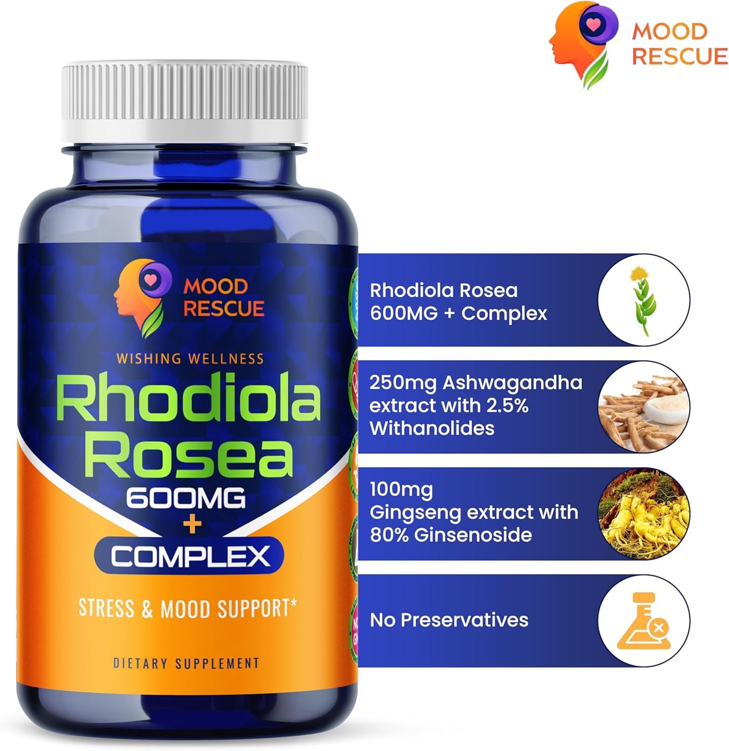 Rhodiola Rosea & Ashwagandha Capsules for Stress Relief & Stamina, 120ct with Ginseng & Ginsenoside