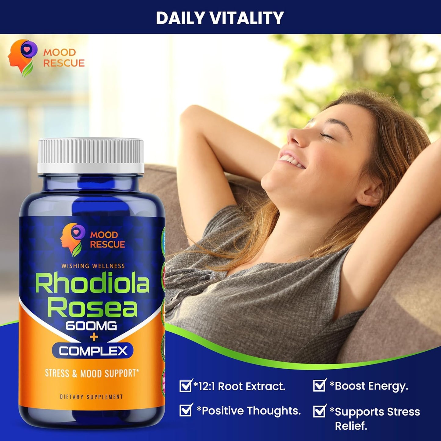 Rhodiola Rosea & Ashwagandha Capsules for Stress Relief & Stamina, 120ct with Ginseng & Ginsenoside