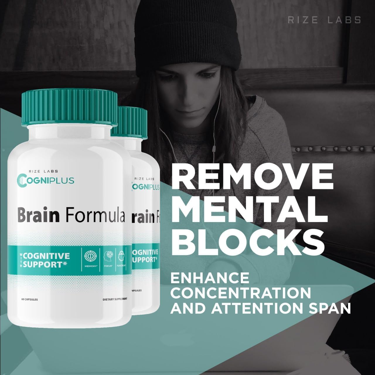 Rize Labs 5 Pack Cogni Plus Brain Formula Capsules - Cognitive Support for Memory & Focus, 300 Capsules