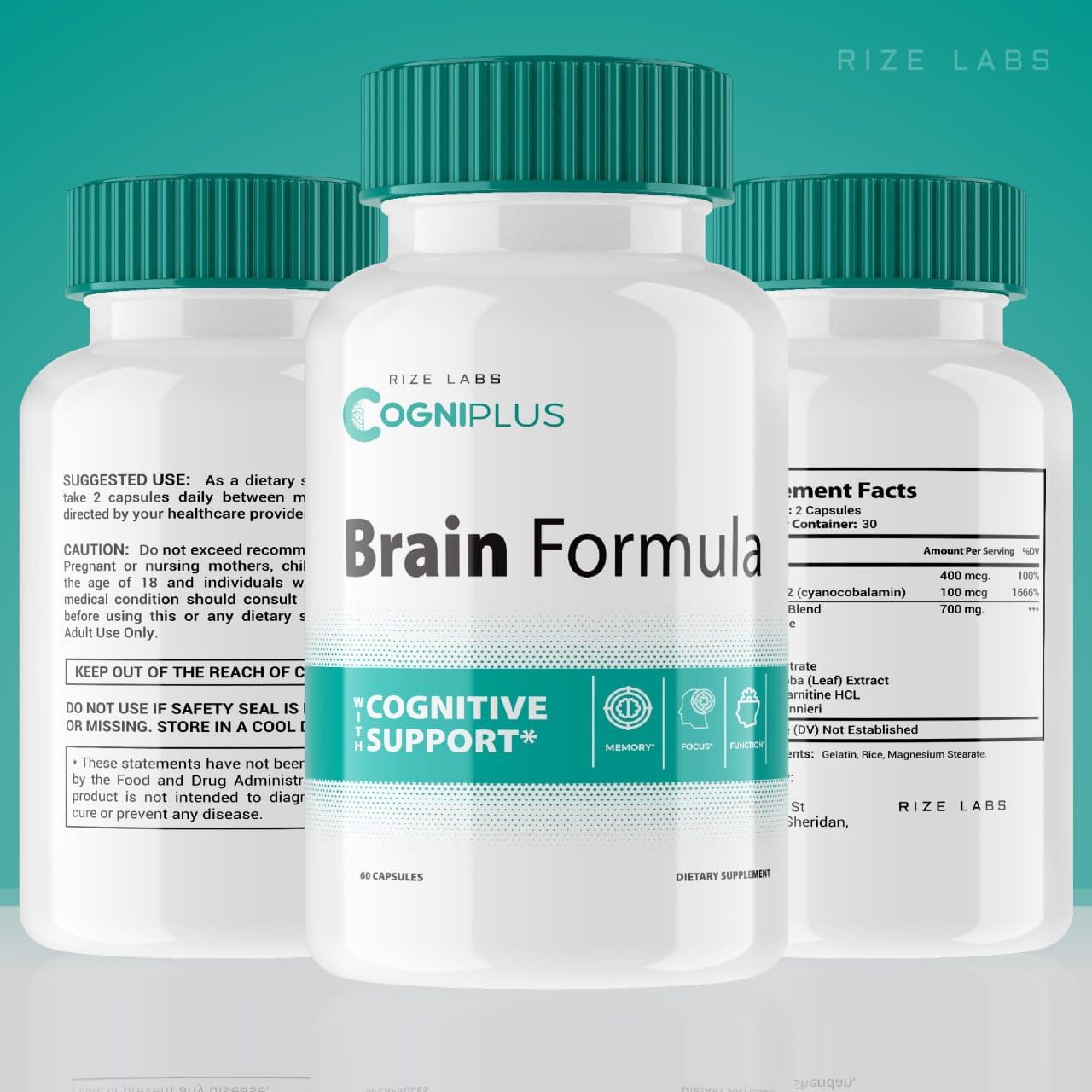 Rize Labs 5 Pack Cogni Plus Brain Formula Capsules - Cognitive Support for Memory & Focus, 300 Capsules