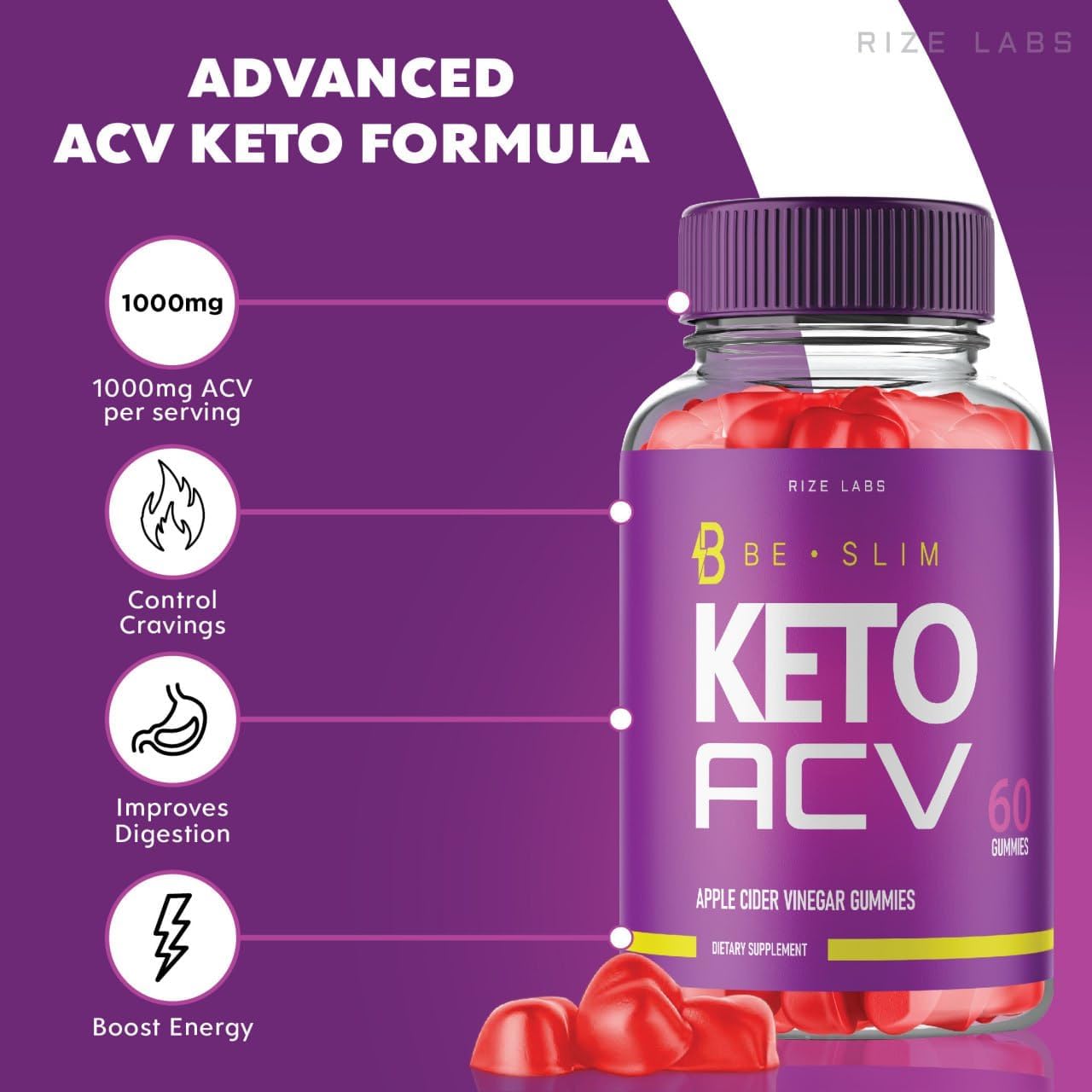 Rize Labs Be Slim Keto ACV Gummies - Advanced Slimming Formula & Energy Boost Supplement (60 Gummies)