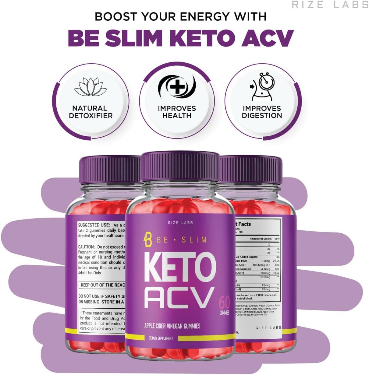 Rize Labs Be Slim Keto ACV Gummies - Advanced Slimming Formula & Energy Boost Supplement (60 Gummies)