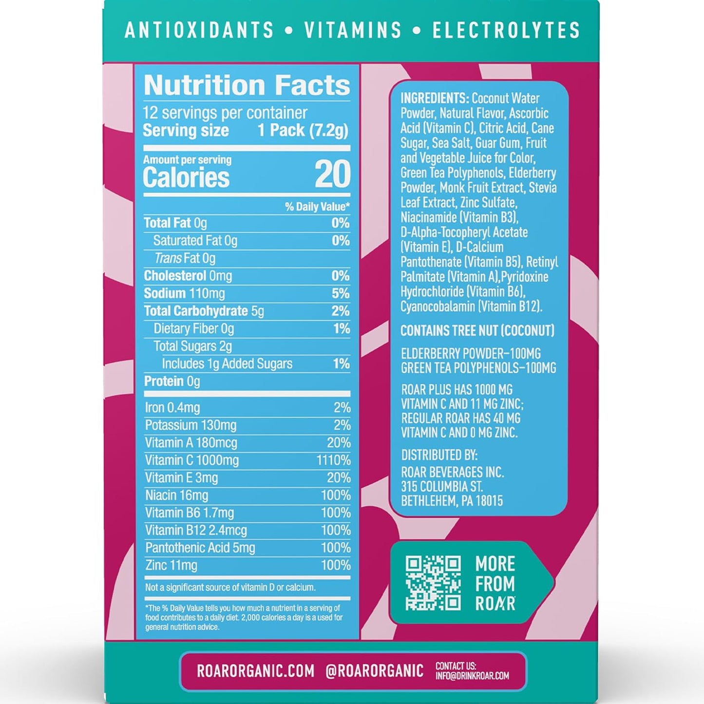ROAR Complete Hydration Powder Plus with Zinc and Elderberry - Berry Lemonade Flavor - 24 Packets - Electrolytes, Non-GMO, Gluten Free