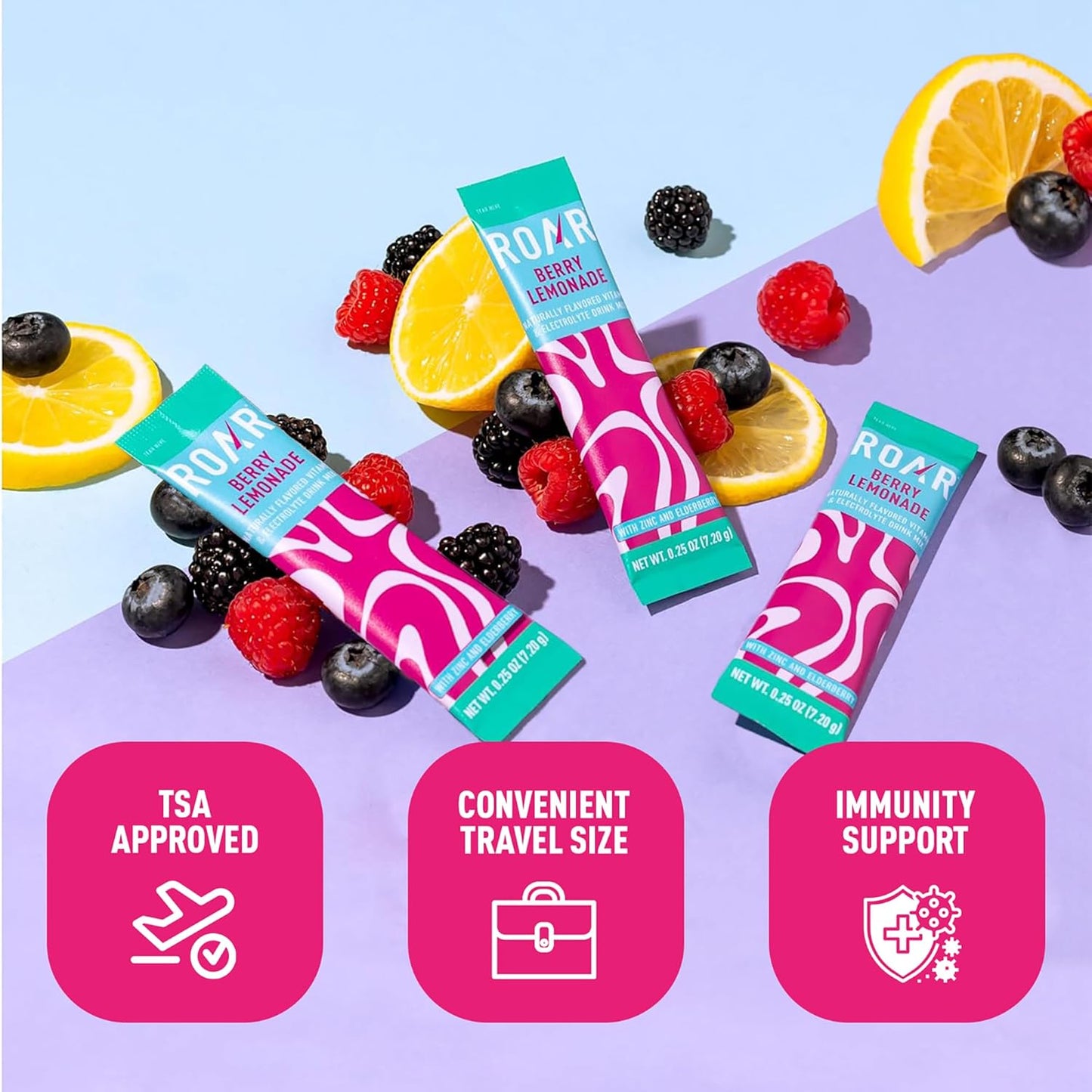 ROAR Complete Hydration Powder Plus with Zinc and Elderberry - Berry Lemonade Flavor - 24 Packets - Electrolytes, Non-GMO, Gluten Free