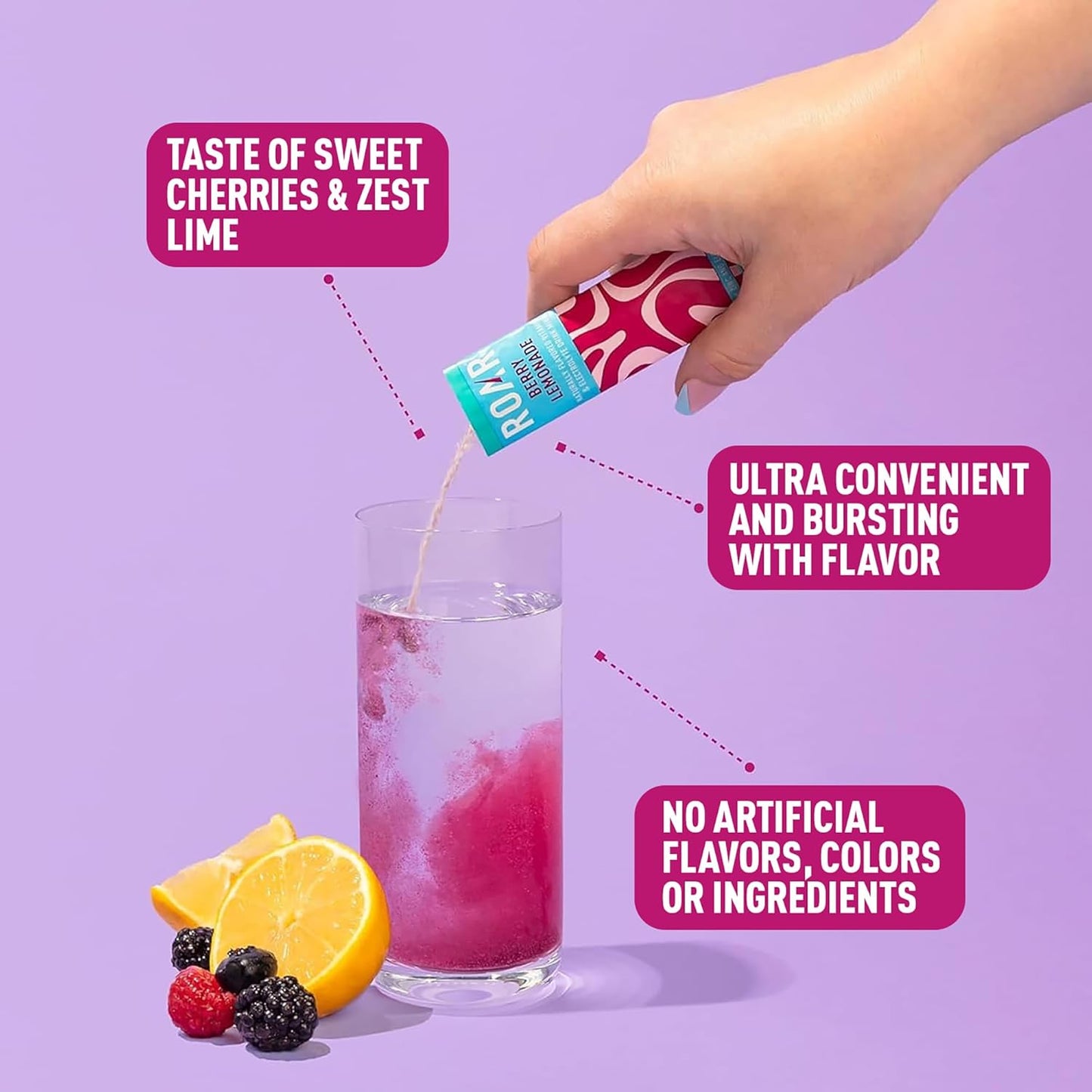 ROAR Complete Hydration Powder Plus with Zinc and Elderberry - Berry Lemonade Flavor - 24 Packets - Electrolytes, Non-GMO, Gluten Free