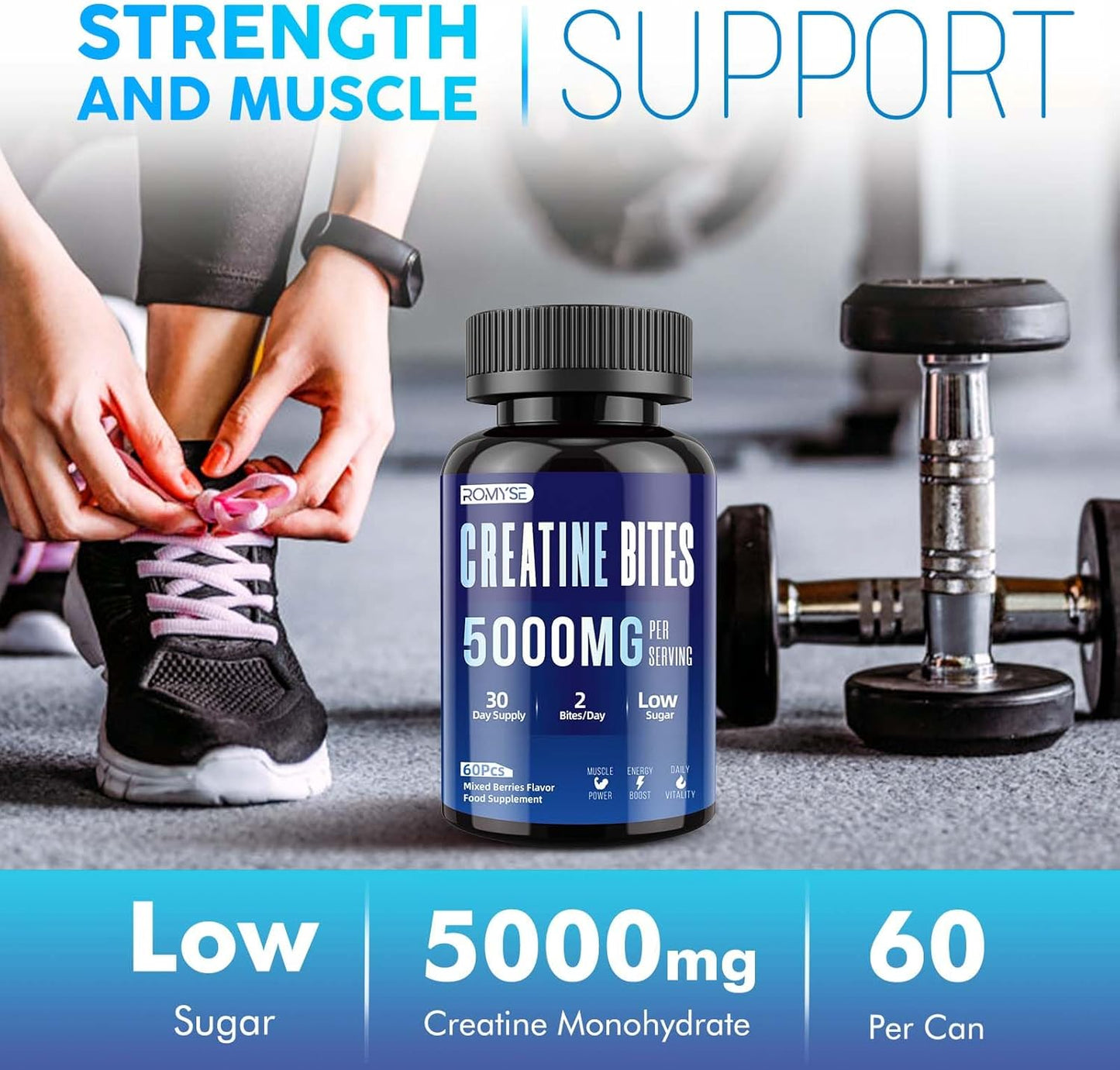 ROMYSE Mixed Blue Berry Creatine Gummy Bites - 5g Creatine Monohydrate - Low Sugar, No Artificial Colors - 60 Bites, 30 Days Supply