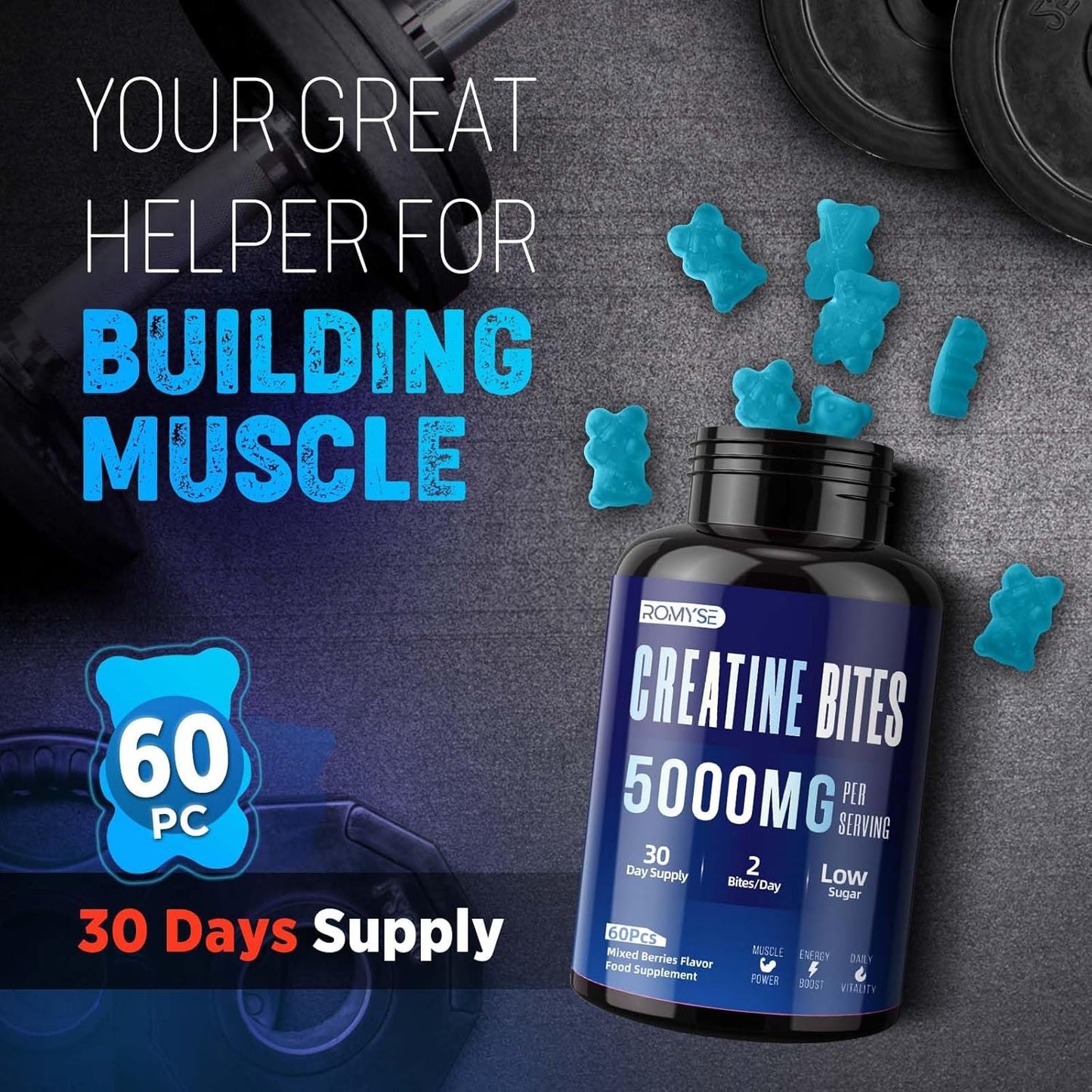 ROMYSE Mixed Blue Berry Creatine Gummy Bites - 5g Creatine Monohydrate - Low Sugar, No Artificial Colors - 60 Bites, 30 Days Supply