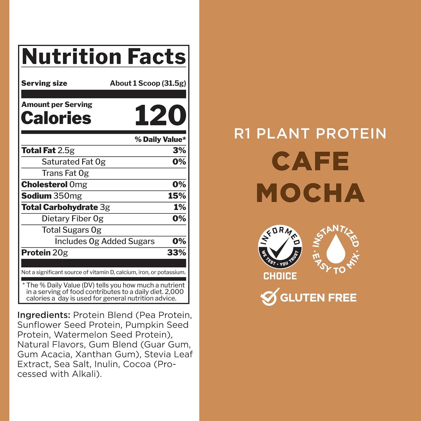 Rule 1 Proteins Plant Protein Powder - Vegan Café Mocha Flavor with 20g Protein per Serving (20 Servings)