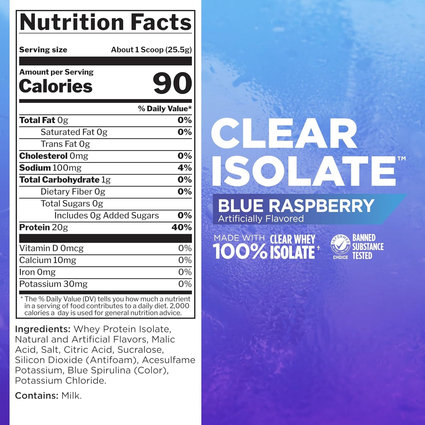Rule One Proteins Clear Isolate: Blue Raspberry Flavor, 20g All-Whey Isolate Protein, 9g EAAs, 300mg Electrolytes, 90 Calories, 27 Servings
