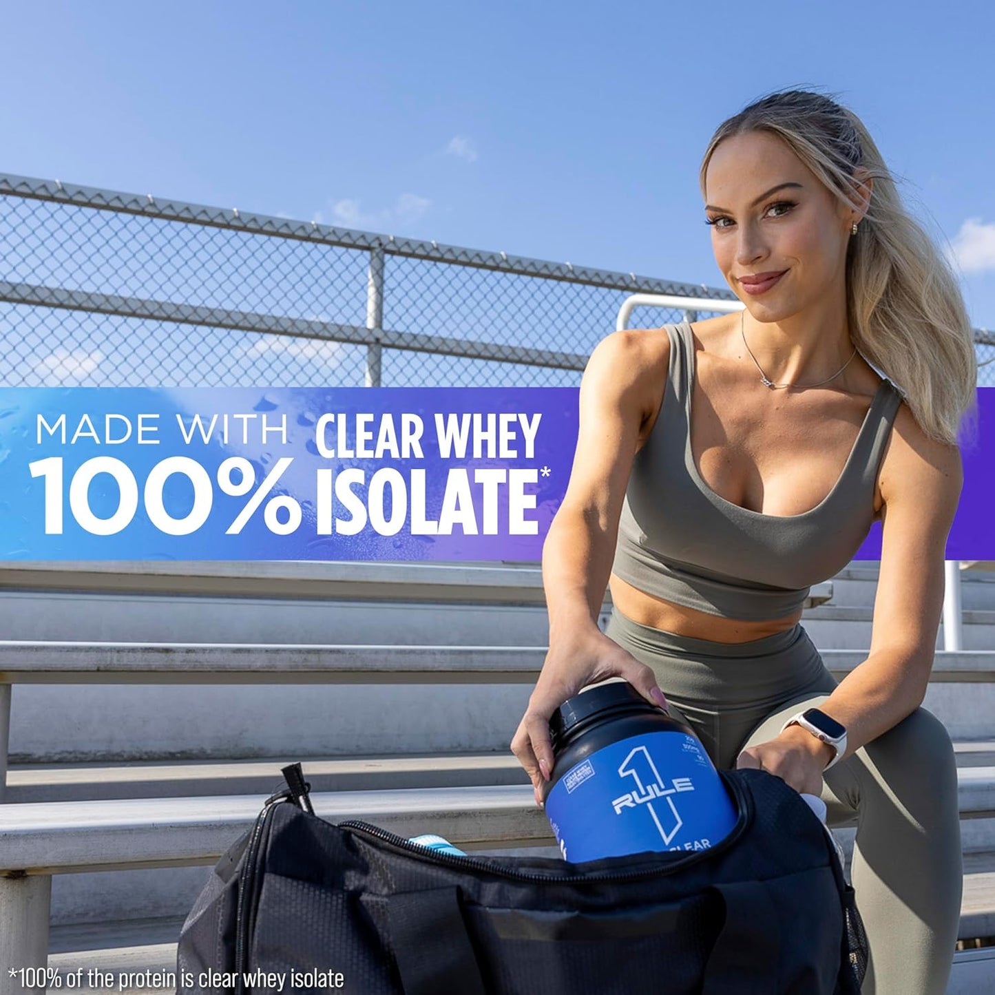 Rule One Proteins Clear Isolate: Blue Raspberry Flavor, 20g All-Whey Isolate Protein, 9g EAAs, 300mg Electrolytes, 90 Calories, 27 Servings
