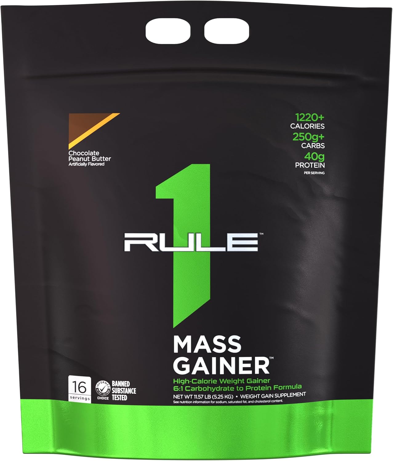 Rule One Proteins Mass Gainer - Chocolate Peanut Butter, High-Calorie Weight Gain Formula with 1,220+ Calories, 250g+ Complex Carb Blend, 40g All-Whey Protein, 8g Fat Per Serving, 12 Pounds, 16 Servings
