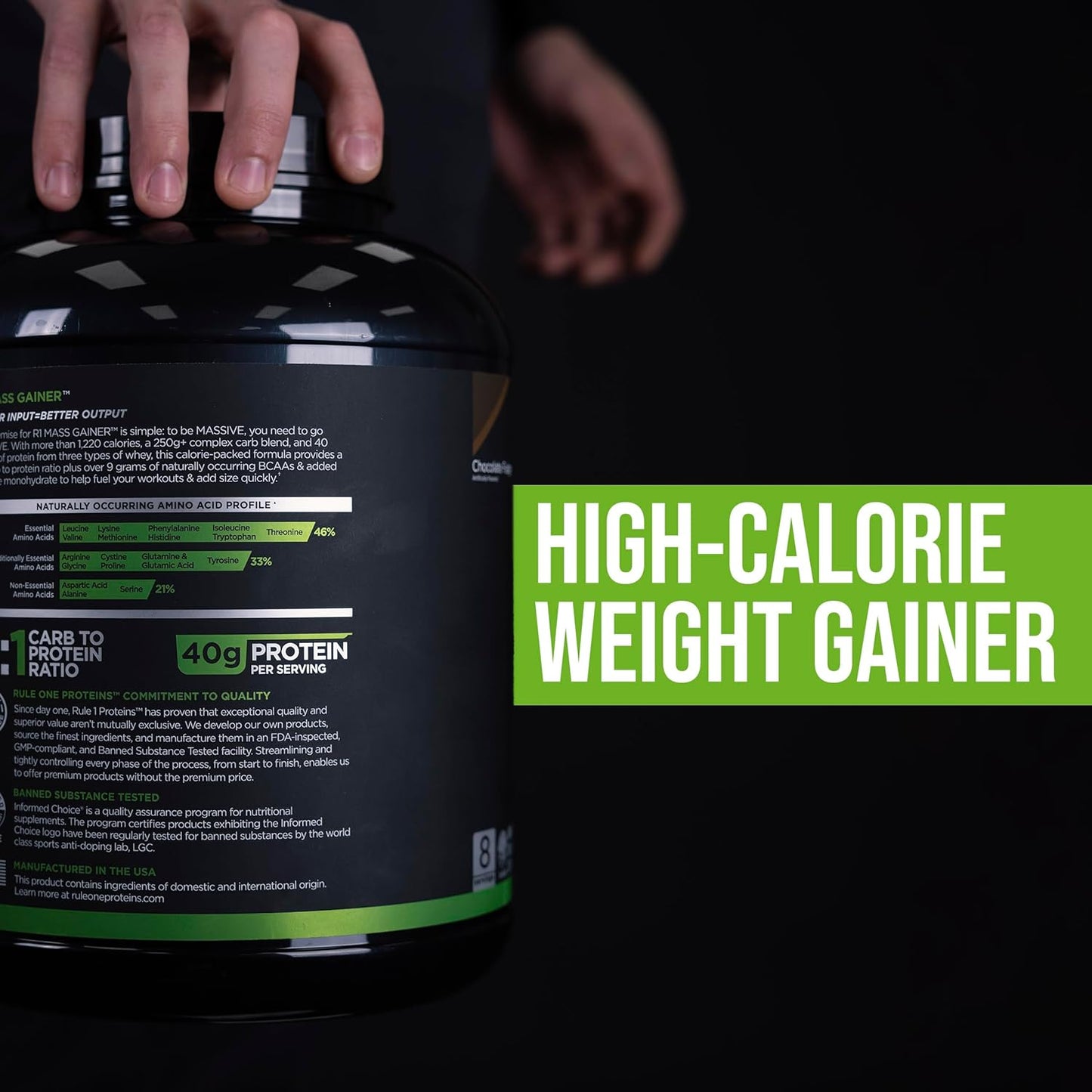 Rule One Proteins Mass Gainer - Chocolate Peanut Butter, High-Calorie Weight Gain Formula with 1,220+ Calories, 250g+ Complex Carb Blend, 40g All-Whey Protein, 8g Fat Per Serving, 12 Pounds, 16 Servings